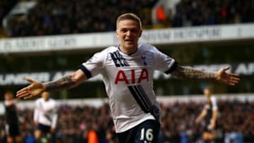 LONDON, ENGLAND - FEBRUARY 06: Kieran Trippier of Tottenham Hotspur celebrates scoring his team's first goal during the Barclays Premier League match between Tottenham Hotspur and Watford at White Hart Lane on February 6, 2016 in London, England. (Photo by Clive Rose/Getty Images)