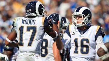 LOS ANGELES, CA - SEPTEMBER 23: Robert Woods #17 of the Los Angeles Rams celebrates his touchdown with quarterback Jared Goff #16 during the third quarter of the game against the Los Angeles Chargers at Los Angeles Memorial Coliseum on September 23, 2018 in Los Angeles, California. (Photo by Sean M. Haffey/Getty Images)
