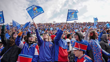 Oct 28, 2023; Lawrence, Kansas, USA; Kansas Jayhawks fans show support against the Oklahoma Sooners during the first half at David Booth Kansas Memorial Stadium. Mandatory Credit: Denny Medley-USA TODAY Sports