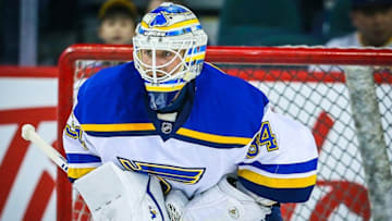Mar 14, 2016; Calgary, Alberta, CAN; St. Louis Blues goalie Jake Allen (34) guards his net during the warmup period against the Calgary Flames at Scotiabank Saddledome. Mandatory Credit: Sergei Belski-USA TODAY Sports