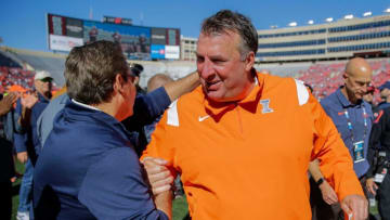 Illinois head coach Bret Bielema celebrates with a supporter as he heads to the locker room after a game against Wisconsin on Saturday, October 1, 2022, at Camp Randall Stadium in Madison, Wis. Illinois won the game, 34-10, in Bielema’s return to Madison after coaching the Badgers from 2006-2012.Tork Mason/USA TODAY NETWORK-WisconsinUsat Wisconsin Vs Illinois Football 100122 2932 Ttm
