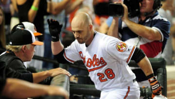 Aug 30, 2016; Baltimore, MD, USA; Baltimore Orioles outfielder Steve Pearce (28) high fives teammates after hitting a home run in the fifth inning against the Toronto Blue Jays at Oriole Park at Camden Yards. Mandatory Credit: Evan Habeeb-USA TODAY Sports