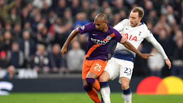 LONDON, ENGLAND - APRIL 09: Fernandinho of Manchester City tackles Christian Eriksen of Tottenham Hotspur during the UEFA Champions League Quarter Final first leg match between Tottenham Hotspur and Manchester City at Tottenham Hotspur Stadium on April 09, 2019 in London, England. (Photo by Justin Setterfield/Getty Images)