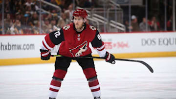 GLENDALE, ARIZONA - JANUARY 18: Jordan Oesterle #82 of the Arizona Coyotes during the third period of the NHL game against the Pittsburgh Penguins at Gila River Arena on January 18, 2019 in Glendale, Arizona. The Penguins defeated the Coyotes 3-2 in overtime. (Photo by Christian Petersen/Getty Images)