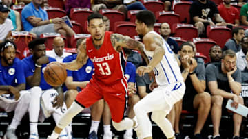 LAS VEAGS, NV - JULY 9: Chris Chiozza #33 of the Washington Wizards handles the ball against the Philadelphia 76ers during the 2018 Las Vegas Summer League on July 9, 2018 at the Thomas & Mack Center in Las Vegas, Nevada. NOTE TO USER: User expressly acknowledges and agrees that, by downloading and/or using this Photograph, user is consenting to the terms and conditions of the Getty Images License Agreement. Mandatory Copyright Notice: Copyright 2018 NBAE (Photo by Chris Elise/NBAE via Getty Images)