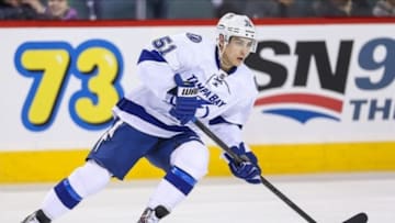 Jan 3, 2014; Calgary, Alberta, CAN; Tampa Bay Lightning center Valtteri Filppula (51) skates during the warmup period against the Calgary Flames at Scotiabank Saddledome. Mandatory Credit: Sergei Belski-USA TODAY Sports