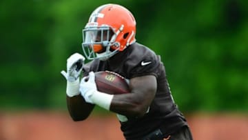 May 28, 2014; Berea, OH, USA; Cleveland Browns running back Terrance West (20) during organized team activities at Cleveland Browns training facility. Mandatory Credit: Andrew Weber-USA TODAY Sports