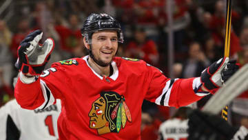 CHICAGO, IL - FEBRUARY 21: Artem Anisimov #15 of the Chicago Blackhawks celebrates a second period goal against the Ottawa Senators at the United Center on February 21, 2018 in Chicago, Illinois. (Photo by Jonathan Daniel/Getty Images)