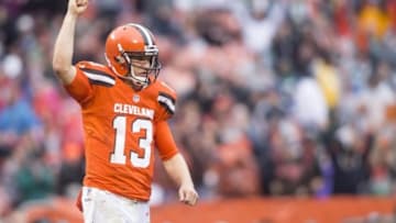 Oct 30, 2016; Cleveland, OH, USA; Cleveland Browns quarterback Josh McCown (13) celebrates a touchdown during the second quarter against the New York Jets at FirstEnergy Stadium. Mandatory Credit: Scott R. Galvin-USA TODAY Sports