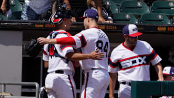 Jun 26, 2022; Chicago, Illinois, USA; Chicago White Sox starting pitcher Dylan Cease (84) is greeted by catcher Seby Zavala (44) after the end of the seventh inning at Guaranteed Rate Field. Mandatory Credit: David Banks-USA TODAY Sports