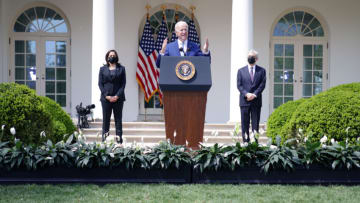 WASHINGTON, DC - APRIL 08: U.S. President Joe Biden speaks as Vice President Kamala Harris and Attorney General Merrick Garland listen during an event on gun control in the Rose Garden at the White House April 8, 2021 in Washington, DC. Biden will sign executive orders to prevent gun violence and announced his pick of David Chipman to head the Bureau of Alcohol, Tobacco, Firearms and Explosives. (Photo by Alex Wong/Getty Images)