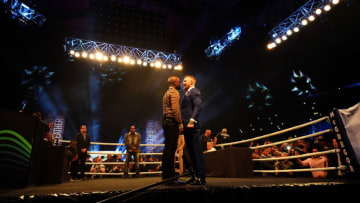 LONDON, ENGLAND - JULY 14: (L-R) Floyd Mayweather Jr. and Conor McGregor face off during the Floyd Mayweather Jr. v Conor McGregor World Press Tour event at SSE Arena on July 14, 2017 in London, England. (Photo by Jeff Bottari/Zuffa LLC/Zuffa LLC via Getty Images)