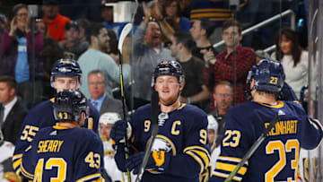 BUFFALO, NY - OCTOBER 8: Jack Eichel #9 of the Buffalo Sabres celebrates his first period goal against the Vegas Golden Knights during an NHL game on October 8, 2018 at KeyBank Center in Buffalo, New York. (Photo by Bill Wippert/NHLI via Getty Images)