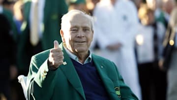 Apr 7, 2016; Augusta, GA, USA; Honorary starter Arnold Palmer gives a thumbs up as he is seated along the first tee during the first round of the 2016 The Masters golf tournament at Augusta National Golf Club. Mandatory Credit: Rob Schumacher-USA TODAY Sports