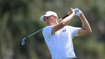 PONTE VEDRA BEACH, FLORIDA - MARCH 10: Jordan Spieth of the United States plays a shot during a practice round prior to THE PLAYERS Championship on THE PLAYERS Stadium Course at TPC Sawgrass on March 10, 2021 in Ponte Vedra Beach, Florida. (Photo by Sam Greenwood/Getty Images)
