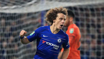LONDON, ENGLAND - JANUARY 24: David Luiz of Chelsea celebrates after scoring the winning penalty during the Carabao Cup Semi-Final Second Leg match between Chelsea and Tottenham Hotspur at Stamford Bridge on January 24, 2019 in London, England. (Photo by Marc Atkins/Getty Images)
