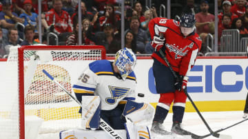 St. Louis Blues goaltender Evan Fitzpatrick (85) Mandatory Credit: Geoff Burke-USA TODAY Sports
