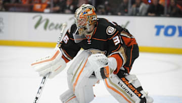 April 15, 2016; Anaheim, CA, USA; Anaheim Ducks goalie John Gibson (36) defends the goal against Nashville Predators during the first period in game one of the first round of the 2016 Stanley Cup Playoffs at Honda Center. Mandatory Credit: Gary A. Vasquez-USA TODAY Sports