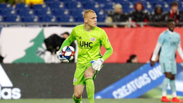 FOXBOROUGH, MA - APRIL 20: New England Revolution goalkeeper Cody Cropper (1) distributes the ball during a match between the New England Revolution and the New York Red Bulls on April 20, 2019, at Gillette Stadium in Foxborough, Massachusetts. (Photo by Fred Kfoury III/Icon Sportswire via Getty Images)