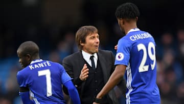 MANCHESTER, ENGLAND - DECEMBER 03: Antonio Conte (C), Manager of Chelsea congratulates Nathaniel Chalobah (R) and N'Golo Kante (L) after their 3-1 win in the Premier League match between Manchester City and Chelsea at Etihad Stadium on December 3, 2016 in Manchester, England. (Photo by Darren Walsh/Chelsea FC via Getty Images)