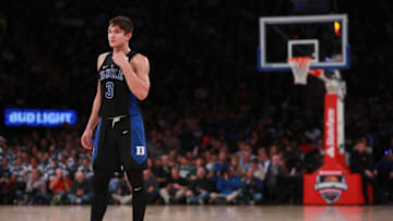 NEW YORK, NY - NOVEMBER 15: Grayson Allen #3 of the Duke Blue Devils looks on against the Kansas Jayhawks in the first half during the State Farm Champions Classic at Madison Square Garden on November 15, 2016 in New York City. (Photo by Michael Reaves/Getty Images)