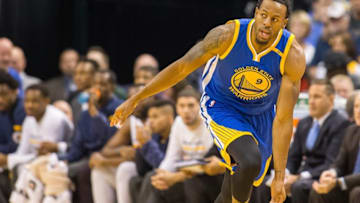 Nov 21, 2016; Indianapolis, IN, USA; Golden State Warriors forward Andre Iguodala (9) celebrates a three point basket in the second half of the game against the Indiana Pacers at Bankers Life Fieldhouse. Golden State beat Indiana 120-83. Mandatory Credit: Trevor Ruszkowski-USA TODAY Sports