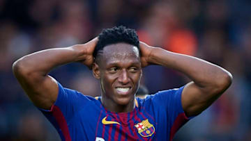 BARCELONA, SPAIN - FEBRUARY 11: Yerry Mina of Barcelona reacts during the La Liga match between Barcelona and Getafe at Camp Nou on February 11, 2018 in Barcelona, Spain. (Photo by Quality Sport Images/Getty Images)