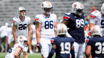 Auburn football kicker Anders Carlson (26) lines up a field goal during Auburn football A-Day spring game at Jordan-Hare Stadium in Auburn, Ala., on Saturday, April 17, 2021.