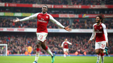 LONDON, ENGLAND - APRIL 08: Danny Welbeck of Arsenal celebrates with team mate Mohamed Elneny of Arsenal after scoring his sides second goal during the Premier League match between Arsenal and Southampton at Emirates Stadium on April 8, 2018 in London, England. (Photo by Julian Finney/Getty Images)
