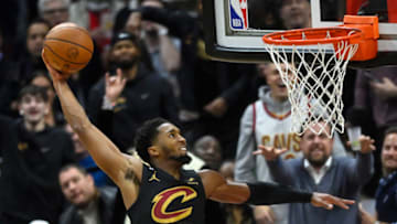Dec 6, 2022; Cleveland, Ohio, USA; Cleveland Cavaliers guard Donovan Mitchell (45) drives to the basket in the third quarter against the Los Angeles Lakers at Rocket Mortgage FieldHouse. Mandatory Credit: David Richard-USA TODAY Sports