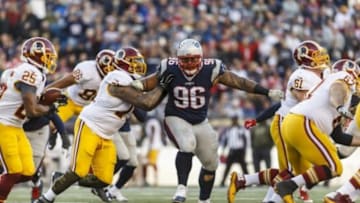 Nov 8, 2015; Foxborough, MA, USA; New England Patriots defensive tackle Sealver Siliga (96) defends against the Washington Redskins in the second half at Gillette Stadium. The Patriots defeated the Redskins 27-10. Mandatory Credit: David Butler II-USA TODAY Sports