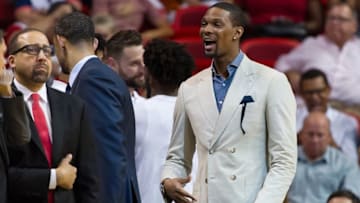 Mar 28, 2016; Miami, FL, USA; Miami Heat forward Chris Bosh (1) is seen near the bench during the second half against the Brooklyn Nets at American Airlines Arena. The Heat won 110-99. Mandatory Credit: Steve Mitchell-USA TODAY Sports