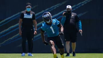 May 15, 2021; Jacksonville, Florida, USA; Jacksonville Jaguars running back runs a drill Travis Etienne Jr. during rookie mini camp at TIAA Bank Field. Mandatory Credit: Jasen Vinlove-USA TODAY Sports