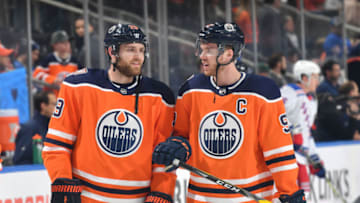 EDMONTON, AB - MARCH 11: Connor McDavid #97 and Leon Draisaitl #29 of the Edmonton Oilers warm up prior to the game against the New York Rangers on March 11, 2019 at Rogers Place in Edmonton, Alberta, Canada. (Photo by Andy Devlin/NHLI via Getty Images)