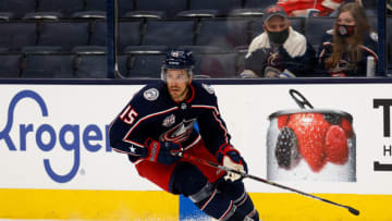 COLUMBUS, OH - APRIL 27: Michael Del Zotto #15 of the Columbus Blue Jackets skates after the puck during the game against the Detroit Red Wings at Nationwide Arena on April 27, 2021 in Columbus, Ohio. (Photo by Kirk Irwin/Getty Images)