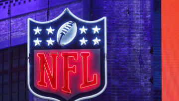 NASHVILLE, TN - APRIL 25: Detail view of the NFL shield logo in neon lights during the first round of the NFL Draft on April 25, 2019 in Nashville, Tennessee. (Photo by Joe Robbins/Getty Images)
