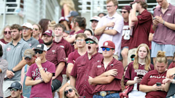 STARKVILLE, MISSISSIPPI - SEPTEMBER 16: Mississippi State Bulldogs fans reacts during the game against the LSU Tigers at Davis Wade Stadium on September 16, 2023 in Starkville, Mississippi. (Photo by Justin Ford/Getty Images)