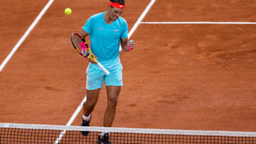 PARIS, FRANCE - OCTOBER 09: Rafael Nadal of Spain celebrates his victory over Diego Schwartzman of Argentina in the semi-finals of the men’s singles at Roland Garros on October 09, 2020 in Paris, France. (Photo by TPN/Getty Images)