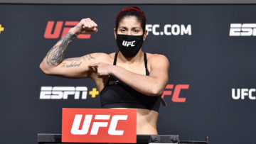 LAS VEGAS, NEVADA - FEBRUARY 19: In this UFC handout, Ketlen Vieira of Brazil poses on the scale during the UFC weigh-in at UFC APEX on February 19, 2021 in Las Vegas, Nevada. (Photo by Chris Unger/Zuffa LLC via Getty Images)