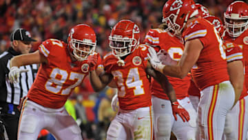 KANSAS CITY, MO - DECEMBER 01: Running back Darwin Thompson #34 of the Kansas City Chiefs celebrates after scoring a touchdown against the Oakland Raiders during the second half at Arrowhead Stadium on December 1, 2019 in Kansas City, Missouri. (Photo by Peter Aiken/Getty Images)