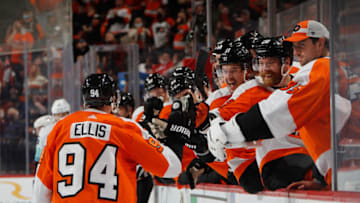 PHILADELPHIA, PENNSYLVANIA - OCTOBER 18: Ryan Ellis #94 of the Philadelphia Flyers celebrates his second period goal against the Seattle Kraken at the Wells Fargo Center on October 18, 2021 in Philadelphia, Pennsylvania. (Photo by Bruce Bennett/Getty Images)
