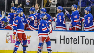 NEW YORK, NY - DECEMBER 19: Rangers teammates congratulate New York Rangers Center David Desharnais (51) after he scores goal during the Anaheim Ducks and New York Rangers NHL game on December 19, 2017, at Madison Square Garden in New York, NY. (Photo by John Crouch/Icon Sportswire via Getty Images)