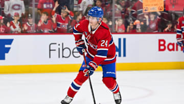 Sep 30, 2023; Montreal, Quebec, CAN; Montreal Canadiens center Lias Andersson (24) skates with a puck during warm-up before the game against the Toronto Maple Leafs at Bell Centre. Mandatory Credit: David Kirouac-USA TODAY Sports