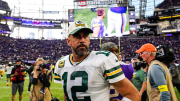 MINNEAPOLIS, MN - SEPTEMBER 11: Aaron Rodgers #12 of the Green Bay Packers walks off the field after a loss to the Minnesota Vikings at U.S. Bank Stadium on September 11, 2022 in Minneapolis, Minnesota. The Vikings defeated the Packers 23-7. (Photo by David Berding/Getty Images)