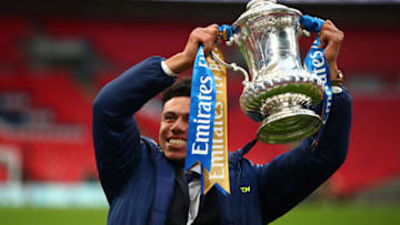 James Justin of Leicester City celebrates with the Emirates FA Cup trophy (Photo by Marc Atkins/Getty Images)