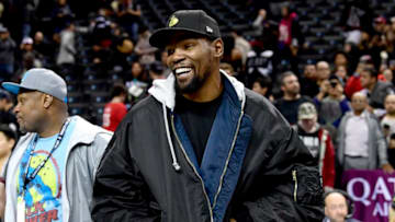 NEW YORK, NEW YORK - OCTOBER 18: Kevin Durant #7 of the Brooklyn Nets shares a laugh following the game against the Toronto Raptors at Barclays Center on October 18, 2019 in New York, New York. (Photo by Steven Ryan/Getty Images)