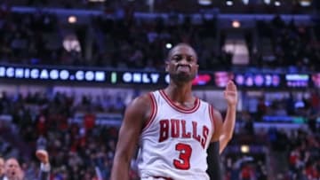 Oct 27, 2016; Chicago, IL, USA; Chicago Bulls guard Dwyane Wade (3) reacts to scoring a three point basket during the second half against the Boston Celtics at the United Center. Chicago won 105-99. Mandatory Credit: Dennis Wierzbicki-USA TODAY Sports