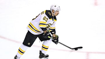 TORONTO, ONTARIO - AUGUST 25: Brad Marchand #63 of the Boston Bruins warms up prior to Game Two of the Eastern Conference Second Round against the Tampa Bay Lightning during the 2020 NHL Stanley Cup Playoffs at Scotiabank Arena on August 25, 2020 in Toronto, Ontario. (Photo by Elsa/Getty Images)