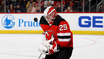 NEWARK, NEW JERSEY - FEBRUARY 16: Mackenzie Blackwood #29 of the New Jersey Devils stops a shot in the third period against the Columbus Blue Jackets at Prudential Center on February 16, 2020 in Newark, New Jersey.The New Jersey Devils defeated the Columbus Blue Jackets 4-3 in a shootout. (Photo by Elsa/Getty Images)