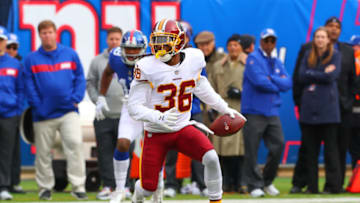 EAST RUTHERFORD, NJ - OCTOBER 28: Washington Redskins free safety D.J. Swearinger (36) returns an interception during the National Football League game between the Washington Redskins and the New York Giants on October 28, 2018 at Met Life Stadium in East Rutherford, NJ. (Photo by Rich Graessle/Icon Sportswire via Getty Images)